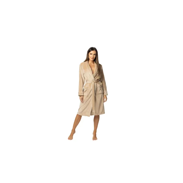 ENVIE kuscheliger und moderner Damen-Bademantel mit Bindeband und Taschen (2XL/3XL (44/46), Beige)