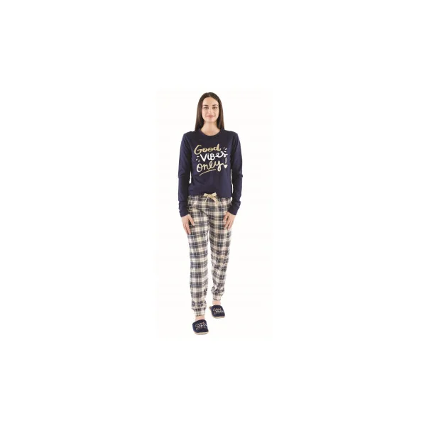 SORBETTO Bessy Damen moderner Pyjama/Schlafanzug lang mit Karos,, Dunkelblau/Beige mit Karos, Gr. S