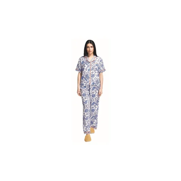 Sorbetto Damen gemütlicher Pyjama/Langer Schlafanzug in modernem Design, Kurzarm mit Knopfleiste blau/weiß mit orange, Gr. M